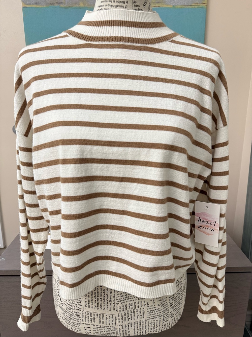 Women’s Hazel Moon Tan & White Striped Cropped Mock Neck Sweater Rayon Blend M